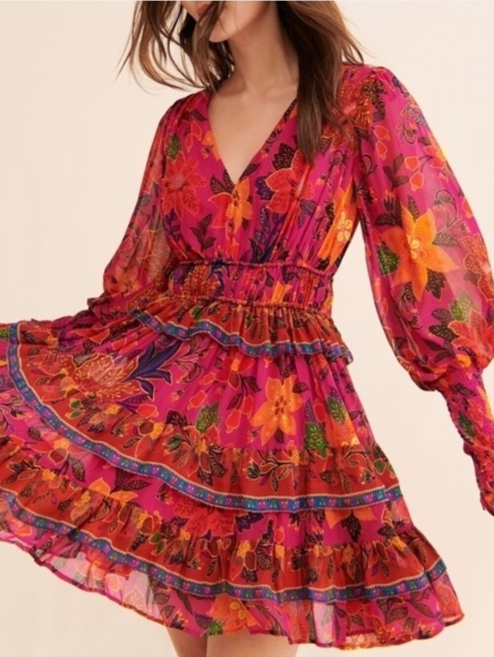 Farm Rio Tropical Tapestry Mini Dress RUFFLE CHIFFON Size L